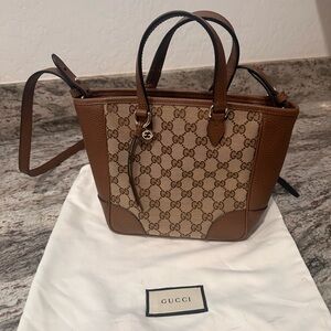*Authentic* Gucci Brown Leather Trim Monogram Small Tote